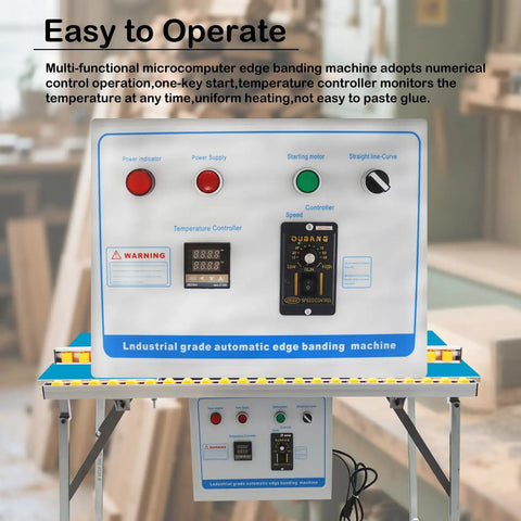 Full Auto Edge Banding Machine Woodworking Benchtop Station control panel showing digital temperature and speed settings.