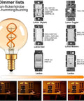Dimmable E12 LED Filament Bulb 4W 40W Equivalent Amber 2200K with dimmer compatibility chart and light intensity examples.