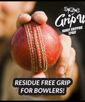 Hand applying chalkless grip spray to a red cricket ball, enhancing grip for pole dancing aerial silk and court sports like tennis and pickleball.