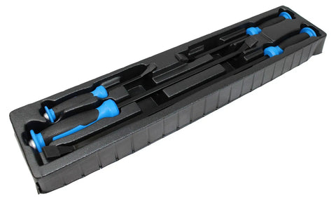 Pry Bar Set Four Piece Eight To Twenty Four Inch With Hammer Top Heavy Duty Prying Tools in case, non slip handles, blue accents