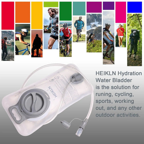 Image of a 2L Hydration Bladder For Hiking And Backpacking, Dope Leakproof Water Reservoir, BPA Free, SGS Certified, with various activity icons.