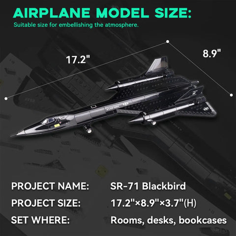 SR 71 Blackbird Reconnaissance Aircraft Model Kit With Display Stand For Adults Collectors And Hobbyists, 183 Piece Build, Ultra Dope One To Seventy Four Scale Replica Featuring Realistic Cockpit And Rotating Wheels, size dimensions overlay.