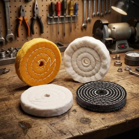 Get That Pro-Level Mirror Shine Fast With This 100mm Buffing Wheel Kit For Metal Wood And Plastic Polisher Tools Featuring 7 Pieces Of Colored Cloth Wheels To Hit The Perfect Gloss Finish Now, showing colored cloth buffing wheels.