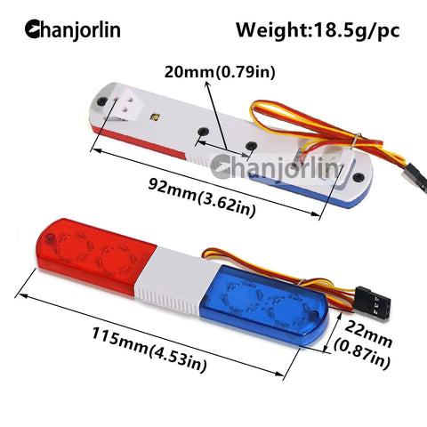 One Tenth RC Police Lights LED Flashing Lamp Kit With Nine Modes For Off Road Crawlers And Rally Trucks Fits One Eighth Scale HSP Traxxas Tamiya RC4WD Axial Arrma Blue And Red 115mm, top and side view with dimensions shown