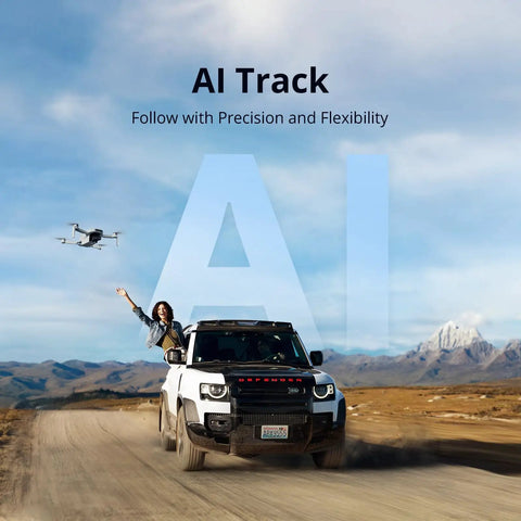 Atom 2 Fly More Drone Combo With RC PTD 1 flying above a vehicle on a dirt road, demonstrating AI Track capability.