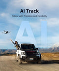Ultra Lightweight Drone Under 249g With 4K Video And 8K Photos 3 Axis Gimbal AI Track flying above a moving car in open landscape