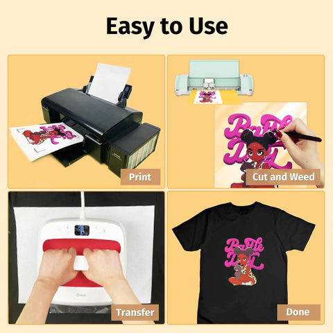 Steps to using Full Color Printable Heat Transfer Vinyl For Tees, 20 Sheets 8.5x11, Inkjet Printer Ready Iron On Vinyl, DIY design process