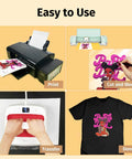 Steps to use Printable Heat Transfer Vinyl For T Shirts Full Color Iron On Vinyl For Inkjet Printers 10 Sheets 8.5x11 Inches Easy To Cut And Weed shows printing, cutting, transferring, and finished tee with design.