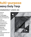 Beefy Heavy Duty Poly Tarp Cover 16 Mil And 10 Mil With Grommets And Reinforced Edges 16x20 Ft shown with versatile uses listed