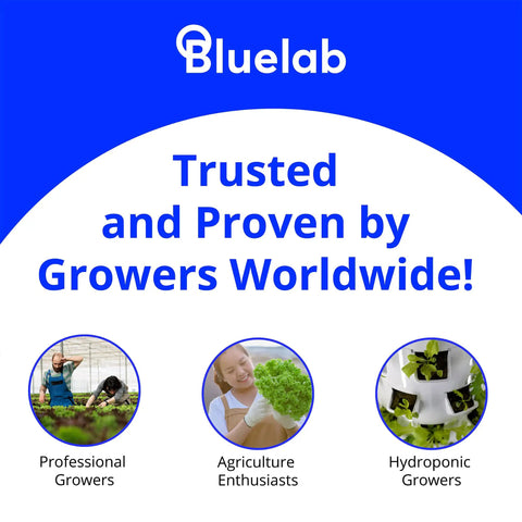 Bluelab brand logo with text 'Trusted and Proven by Growers Worldwide', images of three types of growers below.