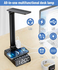Led Desk Lamp With 15W Wireless Charger, USB And Type C Ports, 2 AC Outlets, Dimmable Eye Caring Light, Built In Alarm Clock on desk