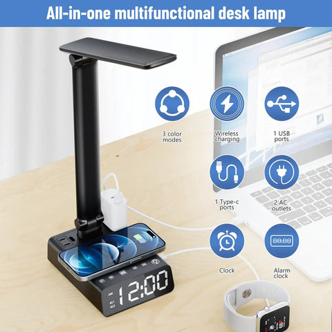 Led Desk Lamp With 15W Wireless Charger, USB And Type C Ports, 2 AC Outlets, Dimmable Eye Caring Light, Built In Alarm Clock on desk