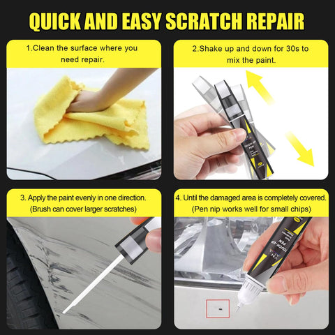 Jet Black Mica Mazda Touch Up Paint Kit 2 In 1 Car Scratch Repair showing four-step repair process with pen and brush.