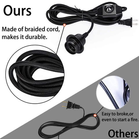 Comparison of durable black cord in Vintage Plug In Pendant Light Kit For Industrial Style Home Decor versus standard cord