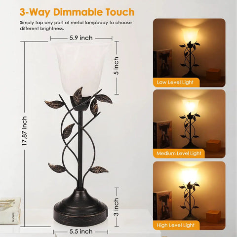 Set Of 2 Vintage Leaf Torchiere Table Lamps With Glass Shade, 3 Way Dimmable Touch Lamps, Dual USB Ports, Modern Bedroom Nightstand And Living Room Lighting, White Jade Glass Shade