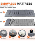 Removable mattress for camping cot with cushioned comfort for adults, showing gray front and back views, soft fabric material