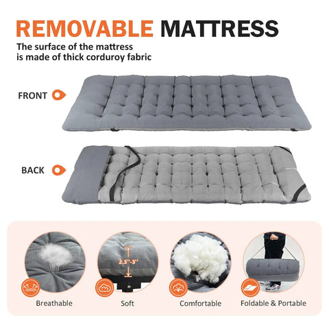 Removable mattress for camping cot with cushioned comfort for adults, showing gray front and back views, soft fabric material