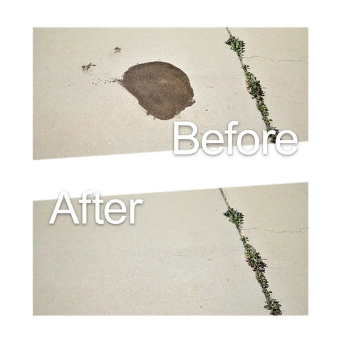 Before and after images showing oil stain removal with Give That Greasy Oil Mess The Boot With This Garden Safe Concrete And Masonry Degreaser.