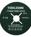 Fifty Piece Pack Of Four Point Five Inch Coarse Fiber Sanding Discs Thirty Six Grit Abrasive Wheels on green backing, P36 grit.