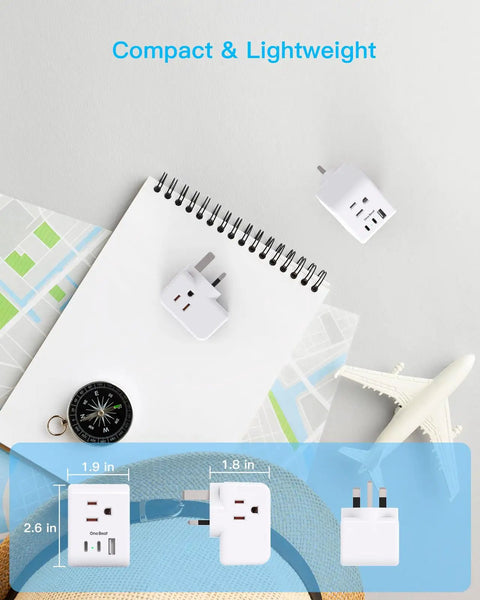 Six In One UK Travel Plug Adapter With Three Outlets And Three USB Ports Two USB C Ports Fast Charge for travel shown on a map with accessories.