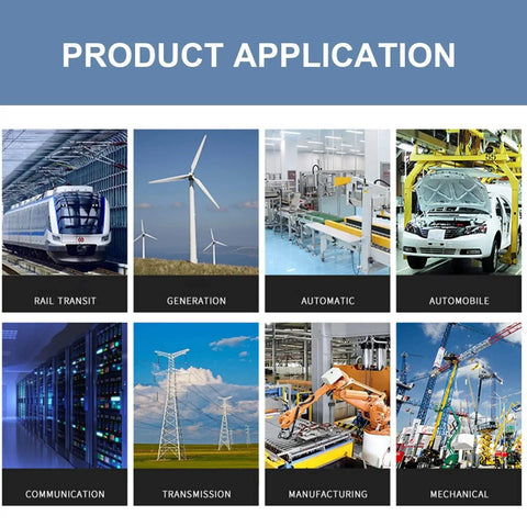 Product application collage showing rail transit, generation, automation, automobile, communication, transmission, manufacturing, mechanical