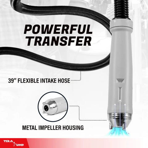 Badass Electric Drum Pump for 55 Gallon Barrels Moves 2.4 Gpm via Heavy Duty 9.8 Ft Vinyl Hose Resisting Cuts for Oil Water Transfer to Save Your Skin from Messy Leaks plus It Flows Smooth as Butter with 39-inch flexible intake hose and metal impeller housing.