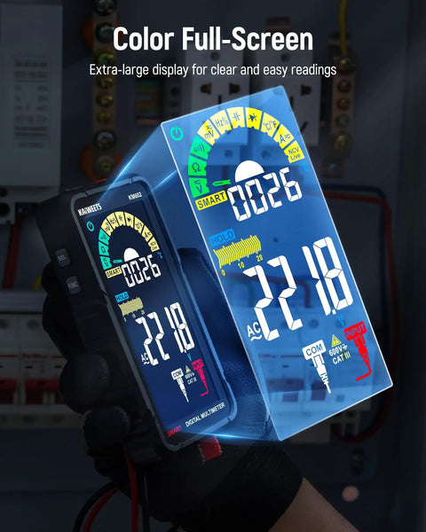Color full-screen Rechargeable Digital Multimeter With Auto And Manual Range In Smart Auto Mode held by hand in electrical panel