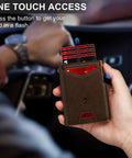 Person using Slim Pop Up Card Holder Wallet For Men With RFID Blocking Aluminum Build No Fuss Quick Eject Card Mechanism