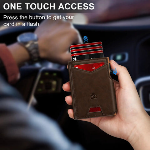 Person using Slim Pop Up Card Holder Wallet For Men With RFID Blocking Aluminum Build No Fuss Quick Eject Card Mechanism