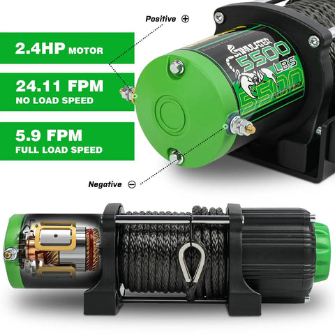 Beefy 5500lb Off Road ATV UTV Winch With 12V Electric Power, 1/4 Inch By 50 Foot Synthetic Rope, Wireless Remote And Wired Switch, Hawse Fairlead, IP67 Waterproof, Heavy Duty Winch For Mud And Rough Trails. 5500 lb ATV UTV winch with 2.4HP motor and synthetic rope
