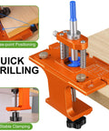Heavy Duty Metal Concealed Hinge Jig For Cabinet Doors With Integrated 35mm Carbide Drill Bit and Dual Bearing Guide, showing three-point positioning.