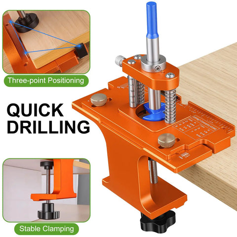 Heavy Duty Metal Concealed Hinge Jig For Cabinet Doors With Integrated 35mm Carbide Drill Bit and Dual Bearing Guide, showing three-point positioning.