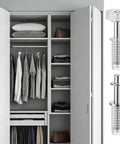 Open bi-fold closet with 4 Pack Pocket Door Top Roller Kit With Bifold Closet Hardware shown, including stainless steel rollers.