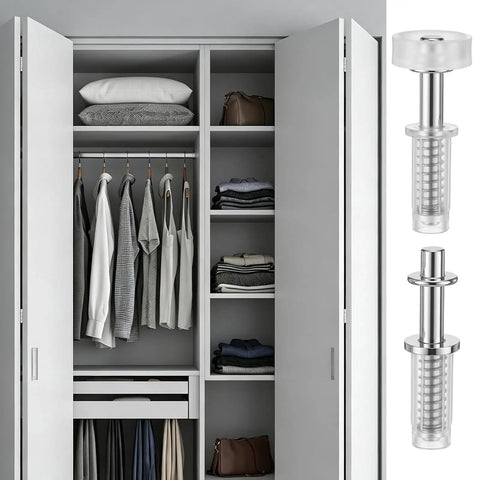 Open bi-fold closet with 4 Pack Pocket Door Top Roller Kit With Bifold Closet Hardware shown, including stainless steel rollers.