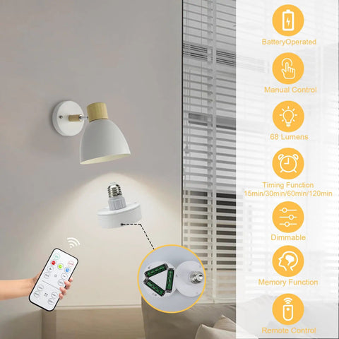 Modern Battery Powered Wall Sconces Set Of Two With Remote In White Wood Rotatable Dimmable Indoor Wall Lamps Not Hardwired