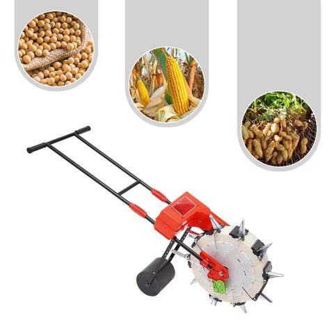 Walk Behind Garden Seeder With 10 Nozzles for Corn, Soybeans, and Peanuts, showing seeder design and compatible seeds