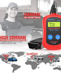 MS300 OBD2 Scanner Code Reader For Cars And Trucks next to smiling mechanic, plug and play CAN diagnostic tool, world map in background.