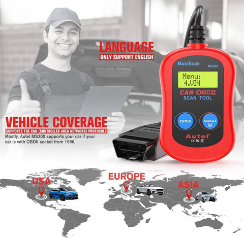 MS300 OBD2 Scanner Code Reader For Cars And Trucks next to smiling mechanic, plug and play CAN diagnostic tool, world map in background.