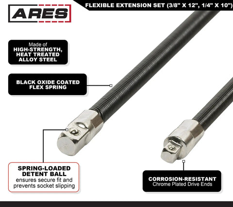 Flexible Socket Extension Set With One Quarter Inch Drive And Three Eighth Inch Drive Extenders Ten Inch And Twelve Inch Lengths Flexible Shafts Spring Loaded Detent Balls Prevent Slipping Ideal For Hard To Reach Bolts And Tight Workspaces, black oxide coated flex spring and corrosion-resistant drive ends visible.