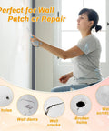 Drywall Repair Kit With 12 Oz White Putty Filler And Spatula For Patching Holes And Cracks An Easy Foolproof Fix Perfect For Your Walls No Drama Cleanup Fast Dry Formula in use, smoothing filler on wall.
