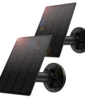 Two Pack Solar Panel Kit For Wireless Outdoor Security Cameras That Use 5V Micro USB Rechargeable Battery Power Keeps Wyze Cam And EufyCam 2 Pro And Similar Cameras Charged Outdoors All Day Weatherproof Three Point Five Watt Each Panel showing black rectangular panels with mounts