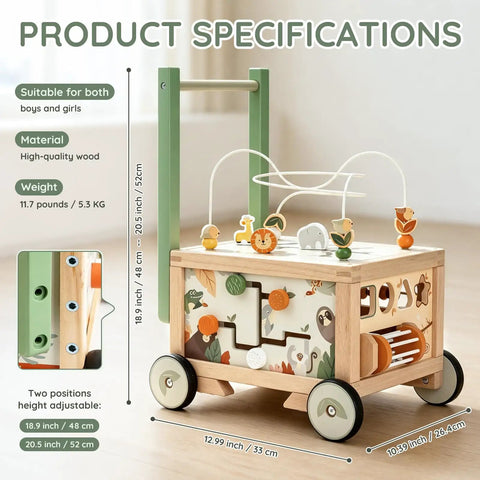 Rock Solid Wooden Baby Walker With Interactive Activity Cube Built Tough For Toddler First Steps detailed product specifications image.