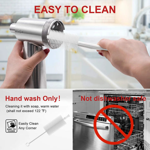 Stainless steel meat grinder attachment for KitchenAid stand mixer; hand-wash only, not dishwasher safe.