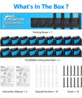 Two Pack Vertical Fishing Rod Rack Wall Mounted Holder That Stores Up To Eighteen Rods Or Combos Fits Most Rod Diameters from 0.12 To 0.75 Inches Perfect Garage Storage for Fishing Gear and a Dope Gift for Men, shown with components including screws and instruction manual.