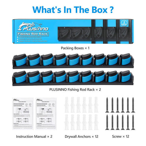 Two Pack Vertical Fishing Rod Rack Wall Mounted Holder That Stores Up To Eighteen Rods Or Combos Fits Most Rod Diameters from 0.12 To 0.75 Inches Perfect Garage Storage for Fishing Gear and a Dope Gift for Men, shown with components including screws and instruction manual.