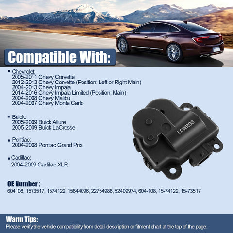 604-108 HVAC Heater Blend Door Actuator Replacement For Chevy Impala 2004-2013 with compatibility list and image