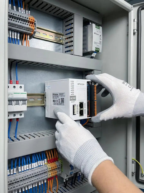 Technician installing Rugged Industrial PLC Controller With EtherCAT Modbus And Codesys Compatibility For Easy Integration.