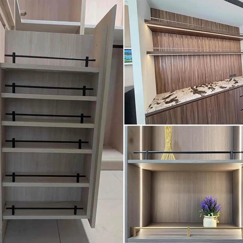 Anti Fall Shelf Lip Guard Fence Set 4 Pack 27 Inch Aluminum Rods on kitchen and closet shelves preventing item slipping
