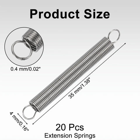 20 Pack Xtremely Durable 304 Stainless Steel Extension Springs, .02 Inch Wire By 0.16 Inch ID And 1.38 Inch Length displayed with measurements.