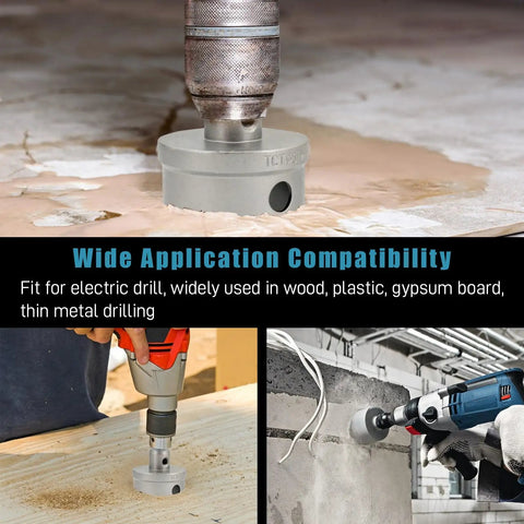 Drill with 20-Piece TCT Hole Saw Kit, 1/2 to 2-1/4 inch, used on various materials, showing drilling capabilities with compatibility